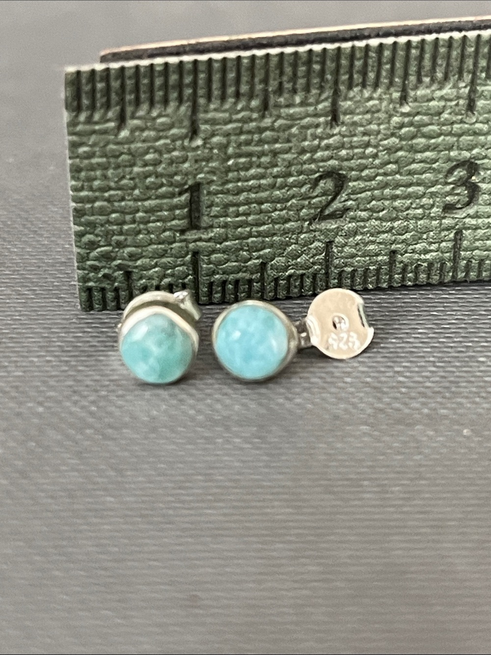 Hand Crafted Larimar Stones Round Stud Earrings - Picture 3 of 7